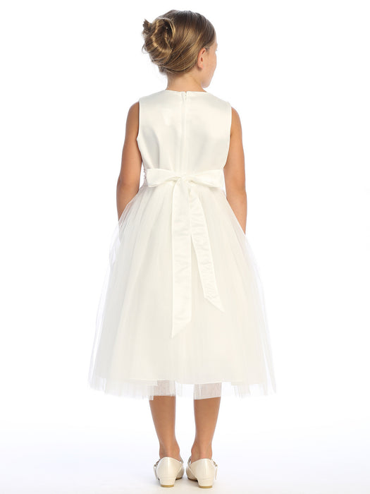 Flower Girl - Ivory Lace Bodice Tea-Length Tulle Dress for Girls (Sizes 4-10)