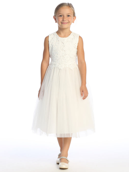 Flower Girl - Ivory Lace Bodice Tea-Length Tulle Dress for Girls (Sizes 4-10)
