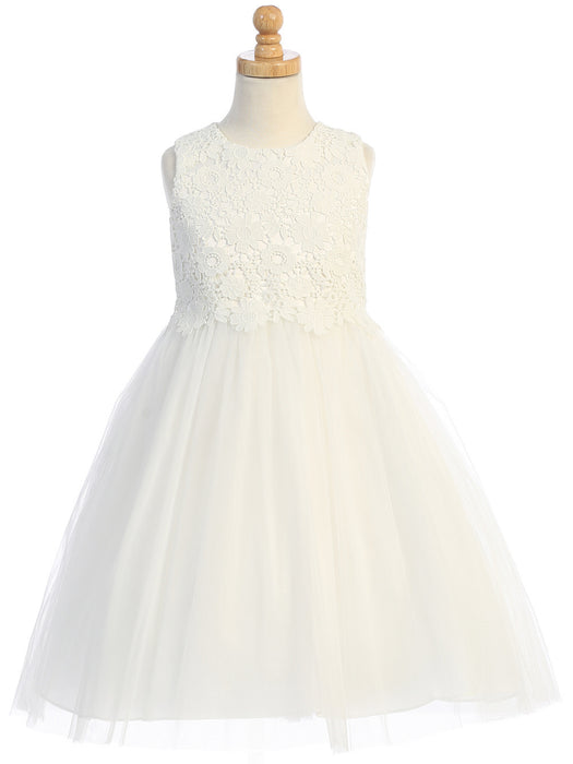 Flower Girl - Ivory Lace Bodice Tea-Length Tulle Dress for Girls (Sizes 4-10)