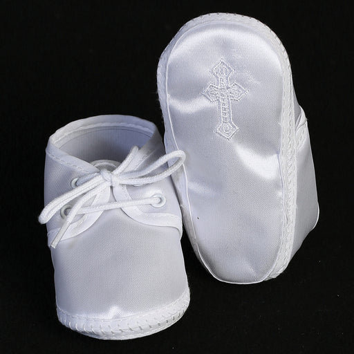 Boy's White Satin Baby Christening Bootie's with Embroidered Cross (Sizes 6-14 months)