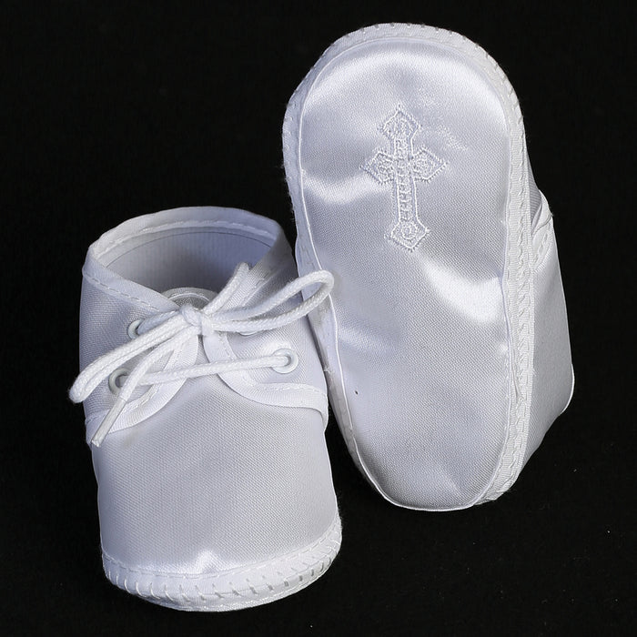 Boy's White Satin Baby Christening Bootie's with Embroidered Cross (Sizes 6-14 months)