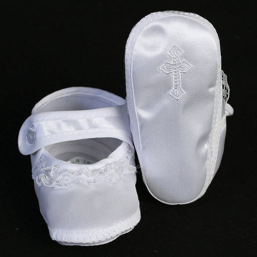 Girls Satin Bootie with Lace & Embroidered Cross- Sizes 6-14 months)