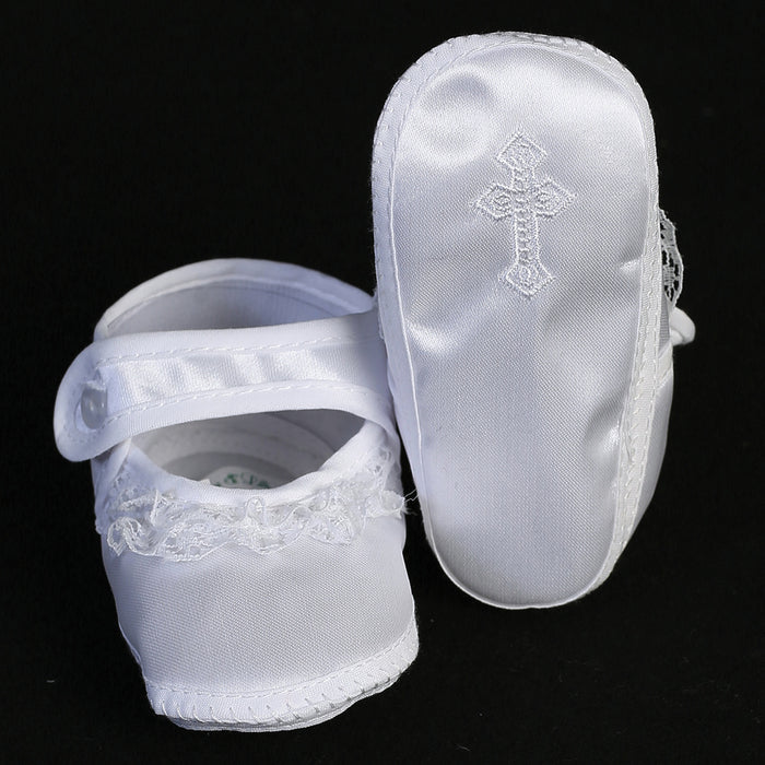 Girls Satin Bootie with Lace & Embroidered Cross- Sizes 6-14 months)