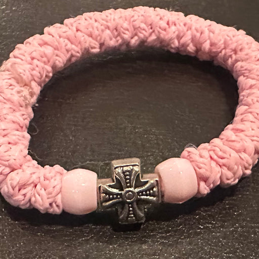 Pink Wool Bracelet with Silver Cross