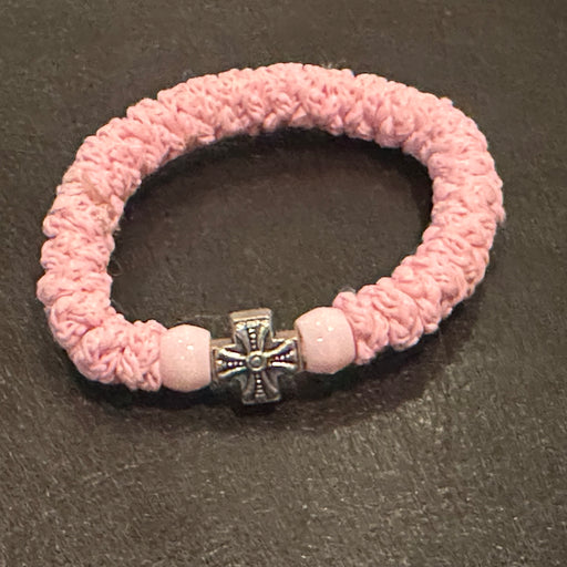 Pink Wool Bracelet with Silver Cross