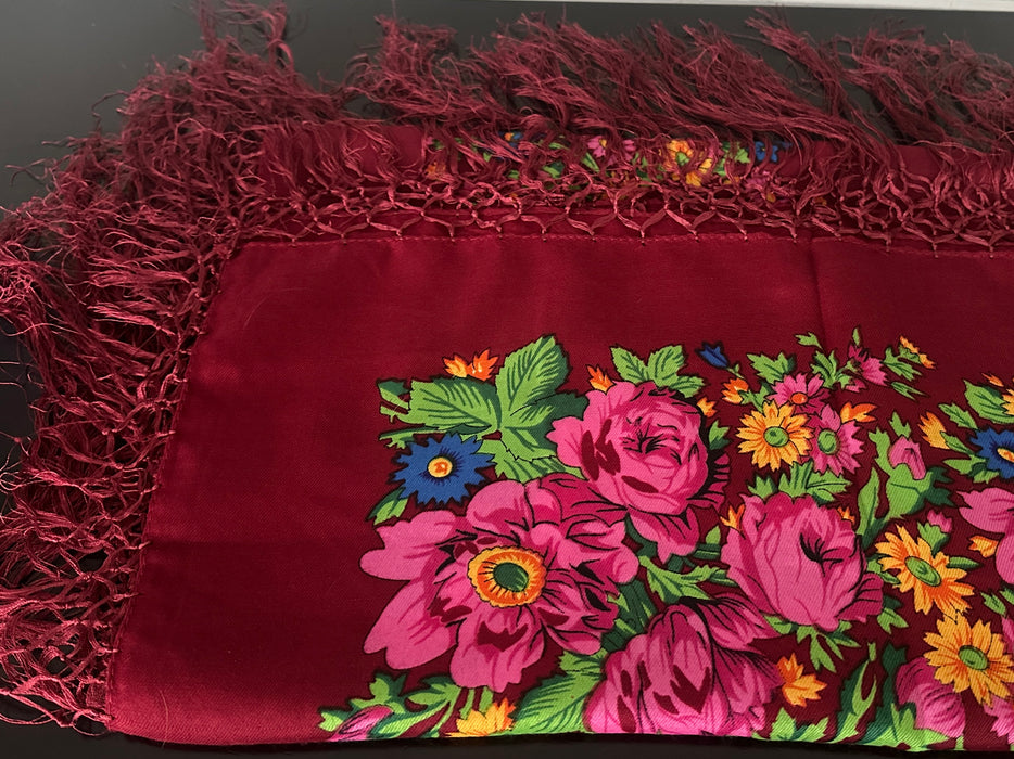 Traditional Scarf of Greece with Fringe Edges - Burgundy Red Floral.
