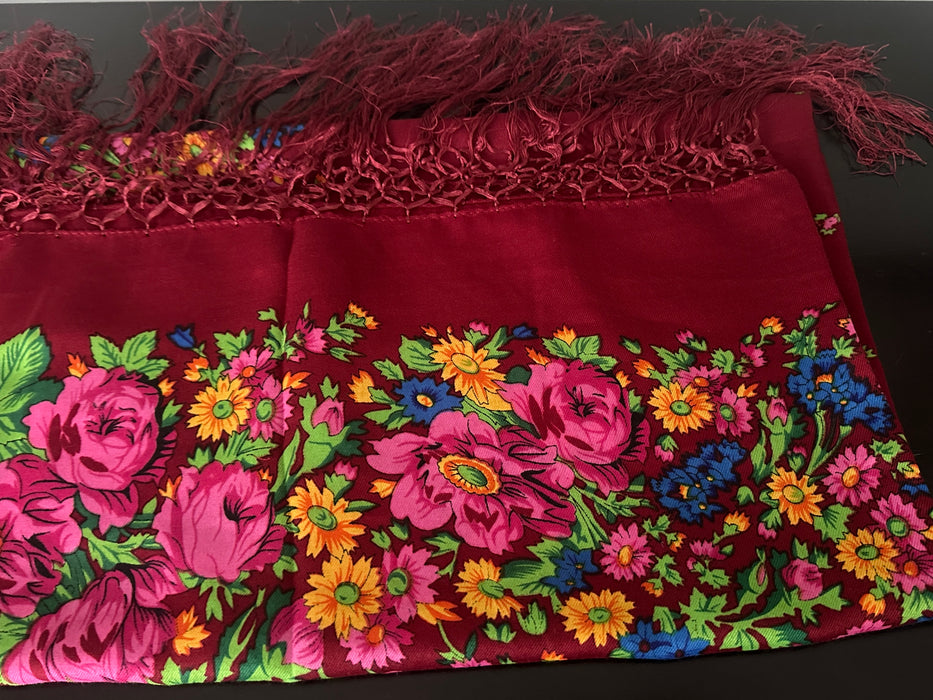 Traditional Scarf of Greece with Fringe Edges - Burgundy Red Floral.