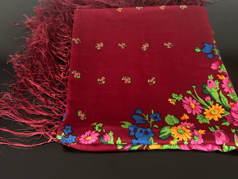 Traditional Scarf of Greece with Fringe Edges - Burgundy Red Floral.