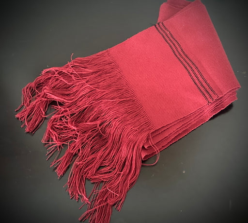 Woven Wool Belt Sash with Fringes - Burgundy w Black Stripe