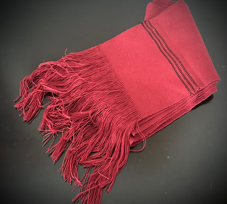 Woven Wool Belt Sash with Fringes - Burgundy w Black Stripe