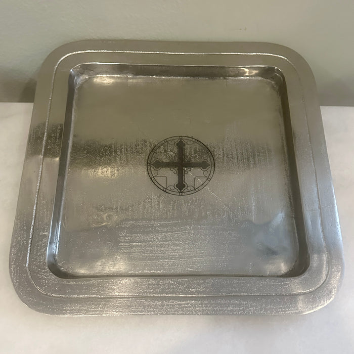 13" Orthodox Cross Square Tray - Silver Finish - Cross in Circle