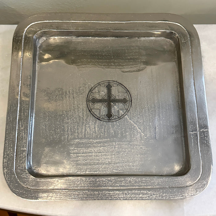 13" Orthodox Cross Square Tray - Silver Finish - Cross in Circle