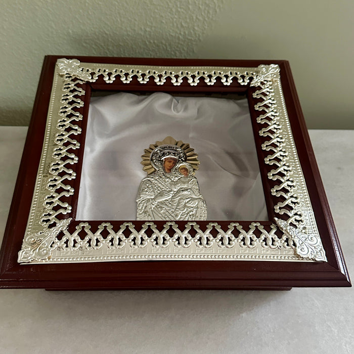 Wedding Crown Case Stefanothiki - Deep Square Wooden Case:  Silver Trim