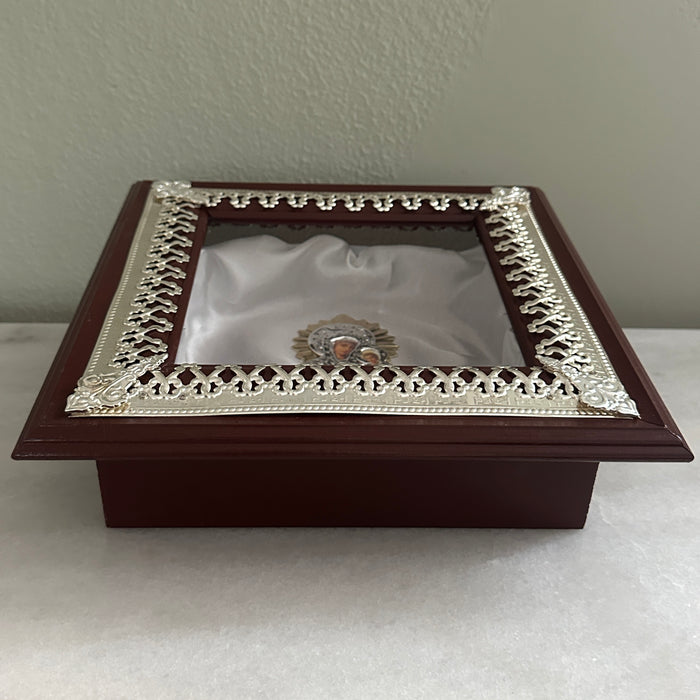 Wedding Crown Case Stefanothiki - Deep Square Wooden Case:  Silver Trim