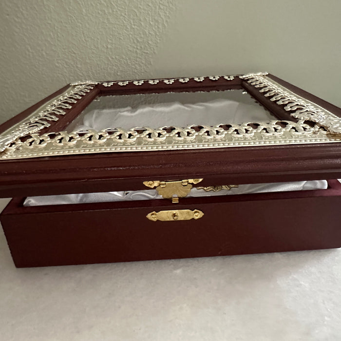 Wedding Crown Case Stefanothiki - Deep Square Wooden Case:  Silver Trim