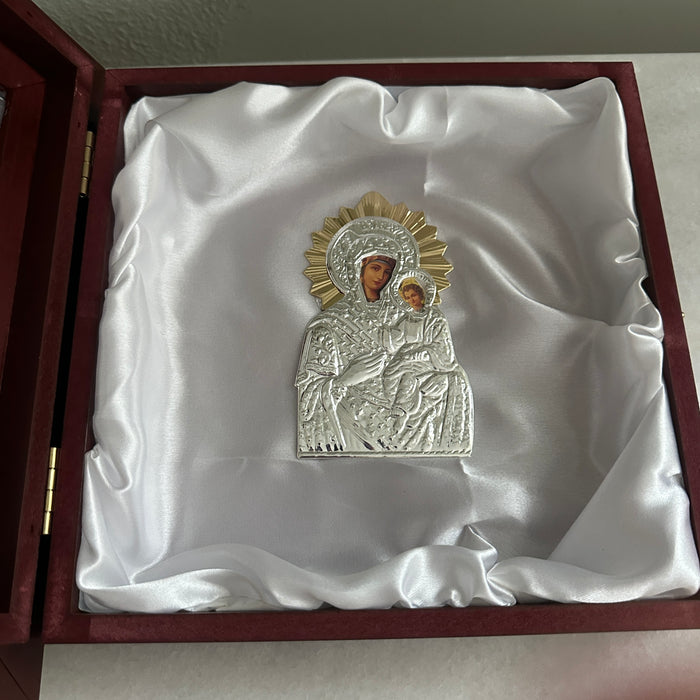 Wedding Crown Case Stefanothiki - Deep Square Wooden Case:  Silver Trim