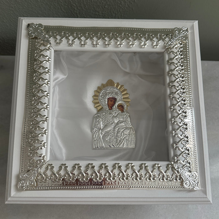 Wedding Crown Case Stefanothiki - Deep Square Wooden Case: White with Silver Trim
