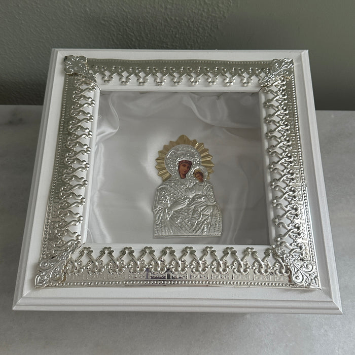 Wedding Crown Case Stefanothiki - Deep Square Wooden Case: White with Silver Trim