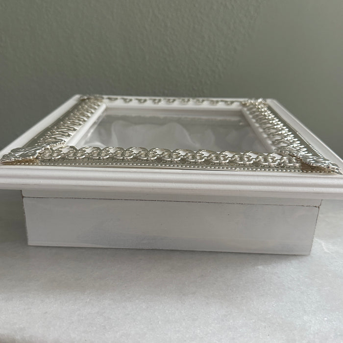 Wedding Crown Case Stefanothiki - Deep Square Wooden Case: White with Silver Trim