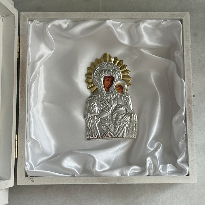 Wedding Crown Case Stefanothiki - Deep Square Wooden Case: White with Silver Trim