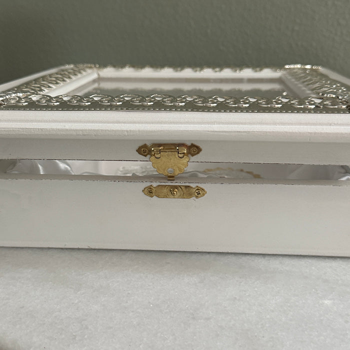 Wedding Crown Case Stefanothiki - Deep Square Wooden Case: White with Silver Trim