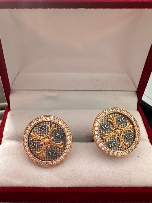 925 Sterling Silver Cufflinks – Embossed Cross with Local Gilding and IC XC NIKA Inscription