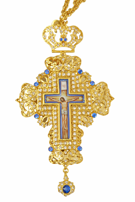 Orthodox Pectoral Cross – Gold Plated with Blue Stone Accents