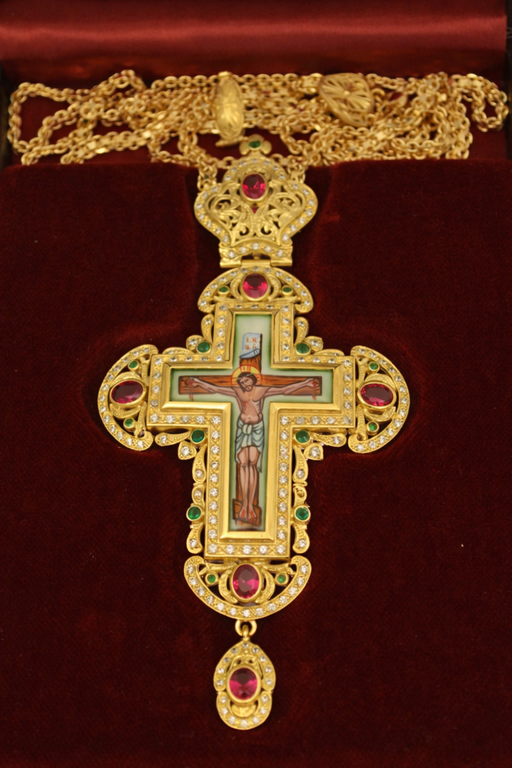 Pectoral Cross Orthodox Enamel Christ Figure – Gold Plated with Semi-Precious Stones