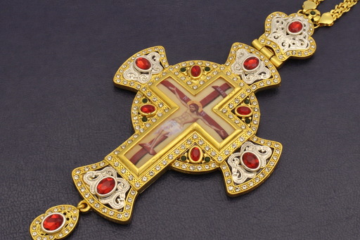 Orthodox Pectoral Christ Cross – Gold & Silver Plated with Colored Stones (6652-13)