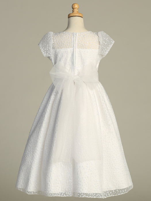 First Communion Dress - Elegant Lace Overlay with Sheer Yoke and Flutter Sleeves - (Sizes 6, 7, 8, 10, 12)