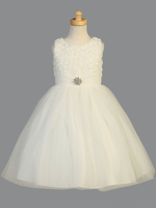 Ivory Rosette Organza Bodice Tea-Length Glitter Tulle Dress (Sizes 2-12)