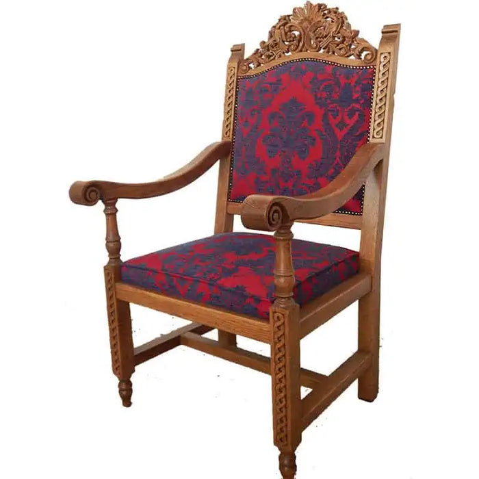 Orthodox Bishop’s Chair – Hand-Carved Oak with Red and Blue Brocade Upholstery