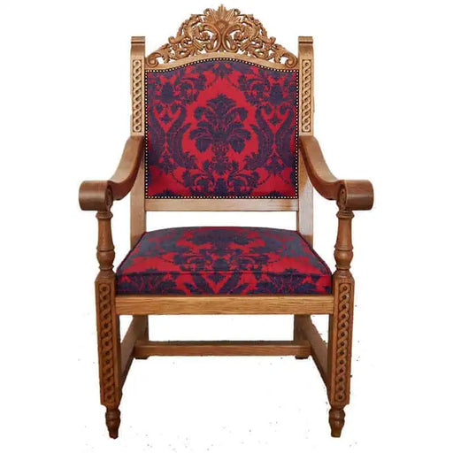 Orthodox Bishop’s Chair – Hand-Carved Oak with Red and Blue Brocade Upholstery