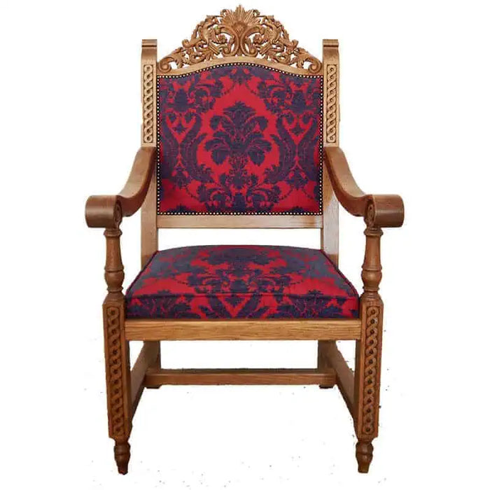 Orthodox Bishop’s Chair – Hand-Carved Oak with Red and Blue Brocade Upholstery