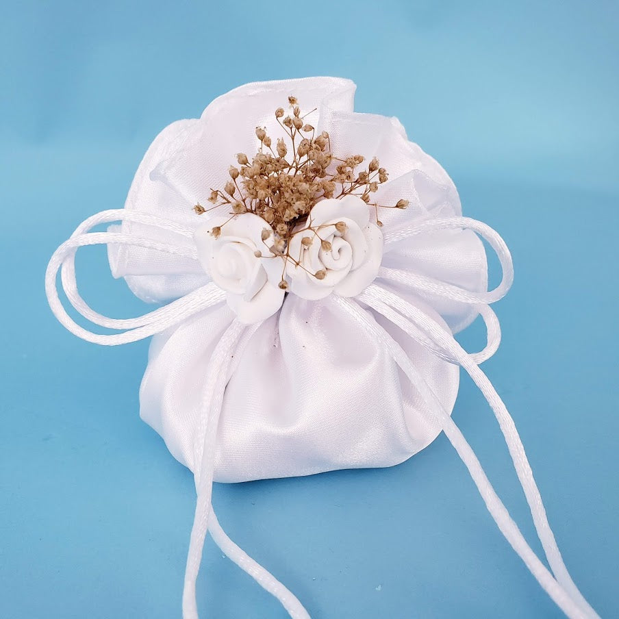 Dolly Bag , Bridal Pouch , Wedding Bag , Handmade Pouch Bag , Satin Bag ,  Embroidered Bag , Ribbon Drawstring, White Bag for Wedding Events 