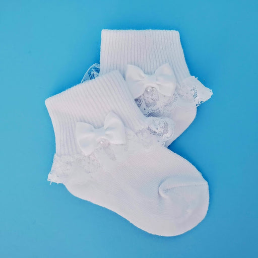 Christening Girls Cotton Ankle Socks with Lace and Pearled Bow
