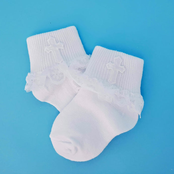 Christening Girls Cotton Ankle Socks with Embroidery Cross Applique and  Lace