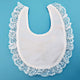 Satin Bib with Embroidered Cross & Shirred Lace Trim