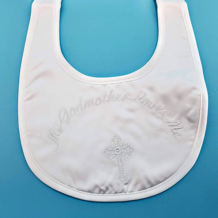 Satin Embroidered Bib with Cross & My Godmother loves me.