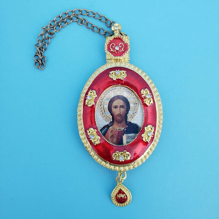 Christ The Teacher Faberge Style Framed Icon with Chain