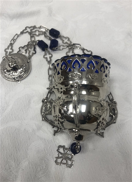 Orthodox Hanging Oil Candle - Blue plated Glass and Beads