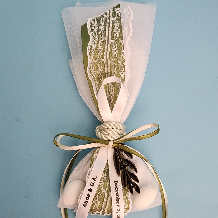 Organza Olive Leaf Corded Wrap Favor with Lace and Printed Ribbon