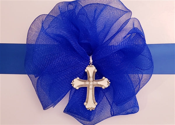 Keepsake Box with Cross and Mesh Bow - Large