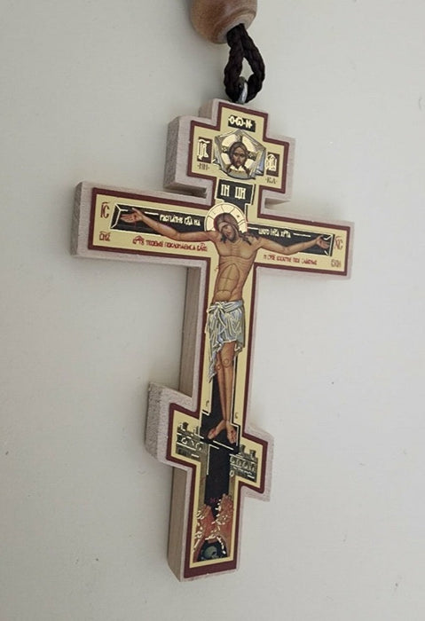 Decoupage Crucifixion Wooden Cross On Rope.